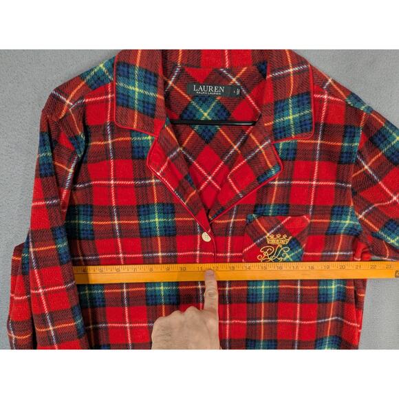 Lauren Ralph Lauren Women’s Red Plaid Leopard Trim Fleece Pajamas Large Crest - Picture 8 of 16